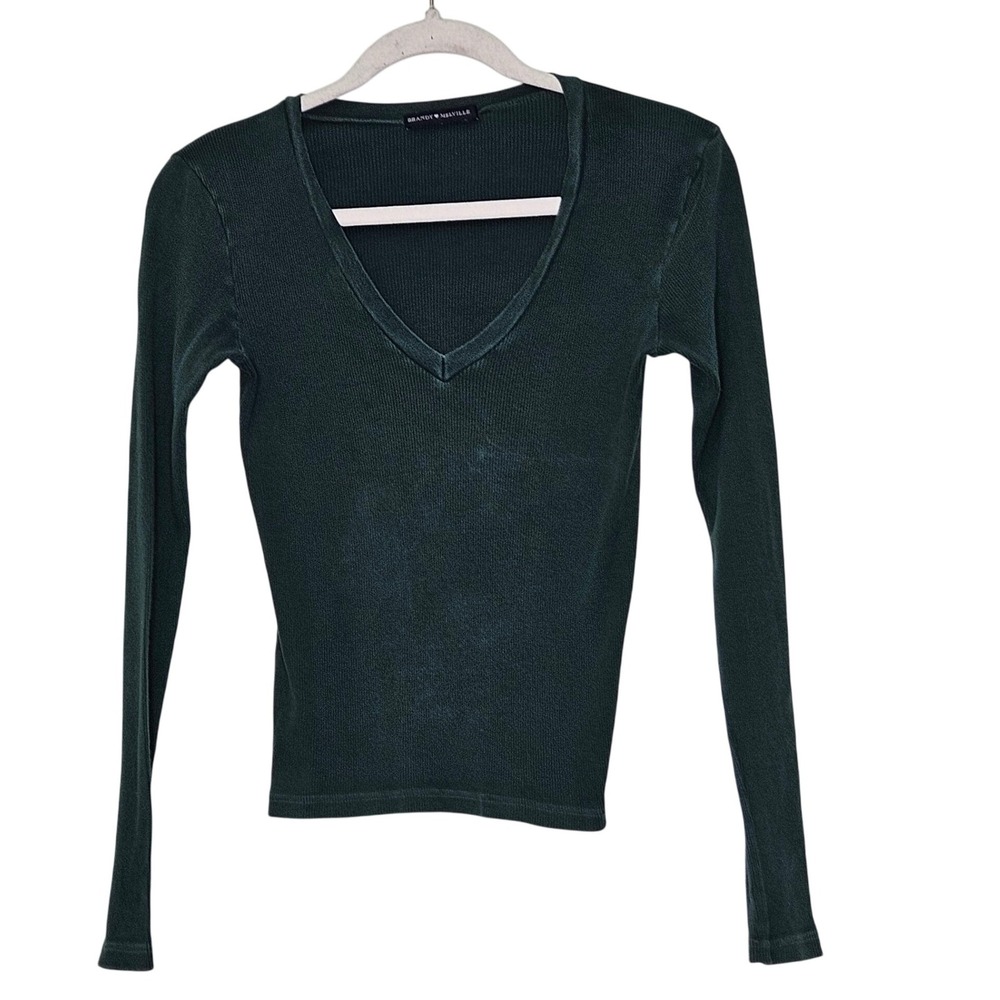 Brandy Melville Long Sleeve Y2K Deep V Neck Ribbed Knit‎ Top Green One Size